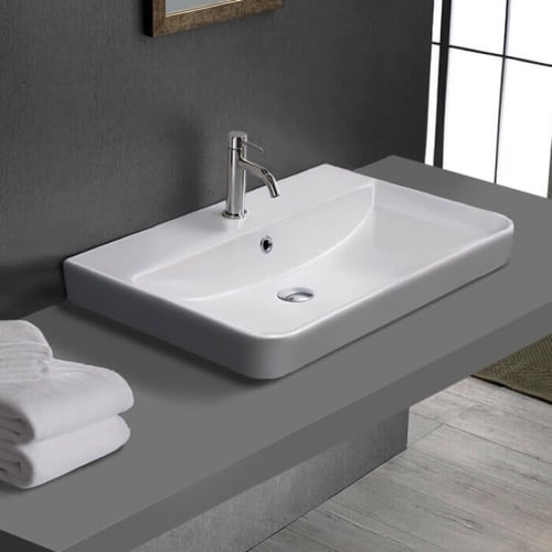 Drop In Bathroom Sink, White Ceramic, Rectangular CeraStyle 079600-U/D